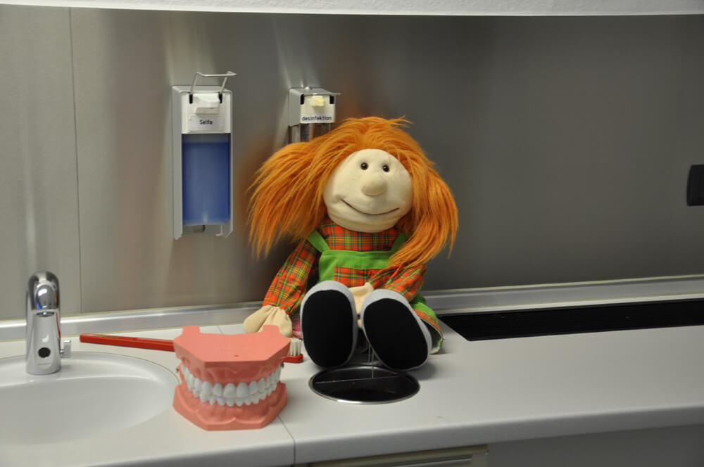Handpuppe und Gebissmodell auf einer Ablage im Behandlungszimmer.